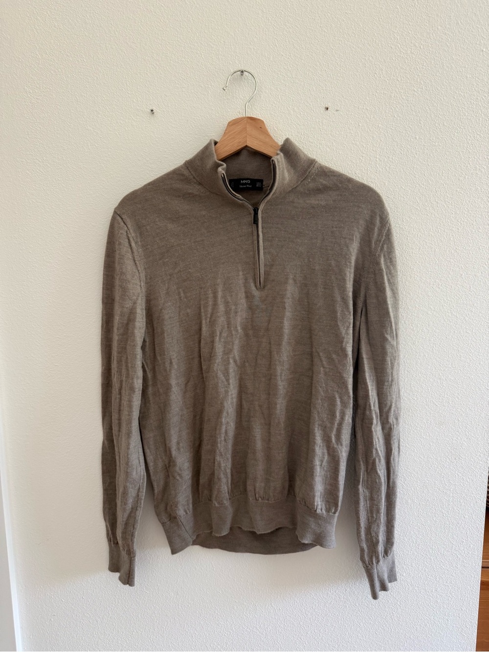 Mango Men’s Taupe 100% Merino Wool Quarter-Zip Sweater